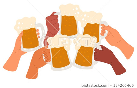 Human hands holding large glasses of foamy alcohol beer. Relaxing on weekends with friends in pub. Oktoberfest party. Ale mugs cheers. Celebrating with alcoholic drinks. Vector concept Human hands holding large glasses of foamy alcohol beer. Relaxing on weekends with friends in pub. Oktoberfest party. Ale mugs cheers. Celebrating with alcoholic drinks. Vector concept 134205466