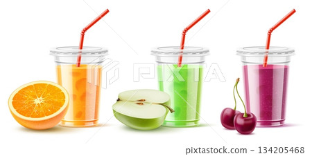 Juice in plastic cup with fruit. Cold drinks. Realistic smoothies in glasses. Disposable container with lids and straw. Cherry cocktail. Orange fresh. Apple beverage. Vector 3D objects set Juice in plastic cup with fruit. Cold drinks. Realistic smoothies in glasses. Disposable container with lids and straw. Cherry cocktail. Orange fresh. Apple beverage. Vector 3D objects set 134205468
