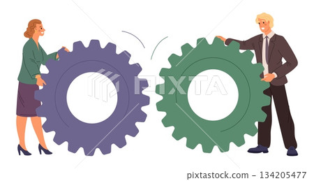 Man and woman push large gears toward each other. Partners collaboration. Colleagues team. Businessman rotating cogwheel. Efficient work. Vector concept of teamwork and cooperation Man and woman push large gears toward each other. Partners collaboration. Colleagues team. Businessman rotating cogwheel. Efficient work. Vector concept of teamwork and cooperation 134205477