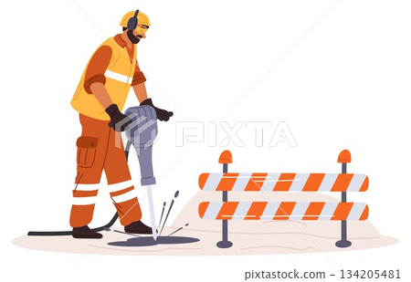 Man road or construction worker is operating jackhammer while wearing protective clothing. Street repair. Roadwork digging tool. Asphalt renovation. Builder drilling ground. Vector concept 134205481