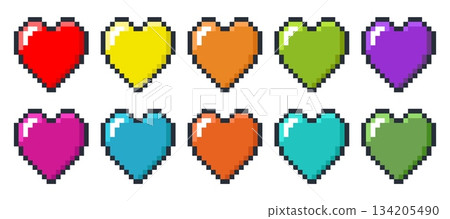 Multicolored pixel hearts. Love shape. 8 bit computer graphic icon of retro arcade game play life. Pixelated Valentines day 80s sign. Romance and passion. Vector color flat symbols set Multicolored pixel hearts. Love shape. 8 bit computer graphic icon of retro arcade game play life. Pixelated Valentines day 80s sign. Romance and passion. Vector color flat symbols set 134205490