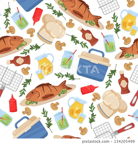 Picnic in nature seamless pattern. BBQ food, Fried fish with mushrooms. Cold drinks. Portable cooler. Repeated print. Lemonade glass jug. Grilled seafood on grid. Vector background Picnic in nature seamless pattern. BBQ food, Fried fish with mushrooms. Cold drinks. Portable cooler. Repeated print. Lemonade glass jug. Grilled seafood on grid. Vector background 134205499