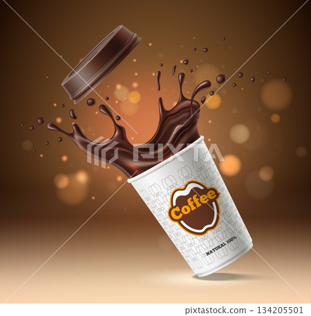 Realistic coffee splashes from disposable cardboard cup for hot drinks with plastic lid. Caffeine beverage drops. Liquid swirl splatters. Expresso mug fall and spill. Vector object mockup 134205501