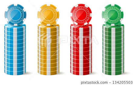 Realistic stacks of colorful poker chips for casino games. Vegas tokens column. Gambling luck. Play risky game. Winning color circles. Gamble coin. Vector isolated objects mockup set Realistic stacks of colorful poker chips for casino games. Vegas tokens column. Gambling luck. Play risky game. Winning color circles. Gamble coin. Vector isolated objects mockup set 134205503