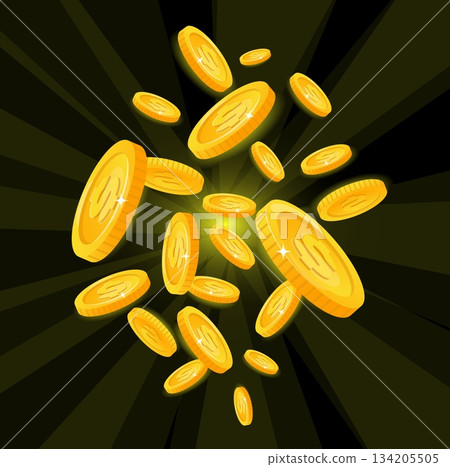 Shiny gold coins or chips scatter from center in different directions. Financial profit. Golden cash fly. Currency explosion. Casino jackpot income. Wealth shine. Vector finance savings 134205505