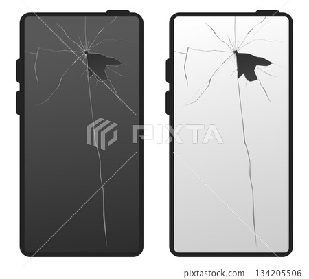 Smartphone screen cracked from impact or fall. Broken or faulty phone display. Shattered blank touchscreen with fissures. Mobile repair. Cellphone damage. Vector realistic objects set 134205506