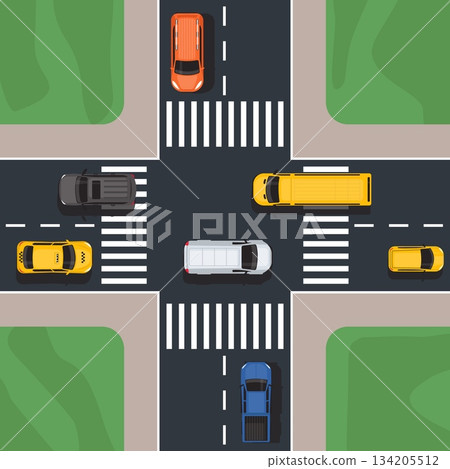 Street intersection with pedestrian crossings. Car traffic at road. Motorway top view. Automobile driving. Highway sidewalks. Transport speed moving. Auto transportation. Vector concept Street intersection with pedestrian crossings. Car traffic at road. Motorway top view. Automobile driving. Highway sidewalks. Transport speed moving. Auto transportation. Vector concept 134205512