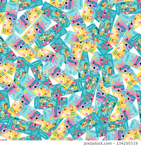 Tickets to visit waterpark or water show with slides and swimming pools. Aquapark coupons seamless pattern. Repeated print. Amusement attractions pass. Beach party admit. Vector background 134205519