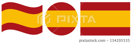 Collection of Spanish civil flags. Waving flag of Spain, round flag and rectangular flag of Spain isolated. Collection of Spanish civil flags. Waving flag of Spain, round flag and rectangular flag of Spain isolated. 134205535