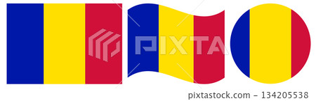 Collection of civil flag of Andorra isolated. Rectangular flag of Andorra, waving flag and round flag in circle shape. Collection of civil flag of Andorra isolated. Rectangular flag of Andorra, waving flag and round flag in circle shape. 134205538