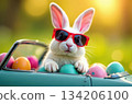 Easter bunny wearing sunglasses driving toy car with colorful eggs 134206100