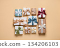 Gifts and presents with colorful ribbons for celebration 134206103