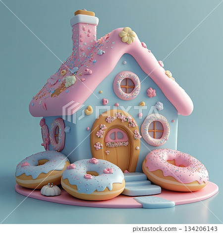 Whimsical donut-shaped house in pastel colors, 3D clay icon Whimsical donut-shaped house in pastel colors, 3D clay icon 134206143