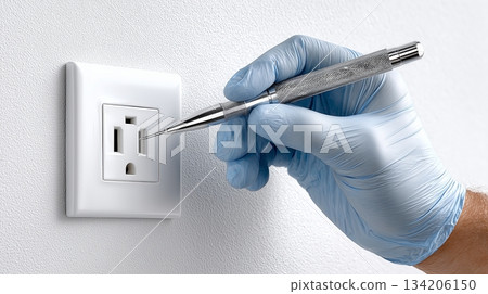 Close-up view of a US Type B wall outlet being inspected with a pen Close-up view of a US Type B wall outlet being inspected with a pen 134206150