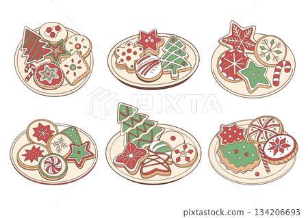 Assortment of Festive Christmas Cookies on Plates. Holiday illustration. Assortment of Festive Christmas Cookies on Plates. Holiday illustration. 134206693