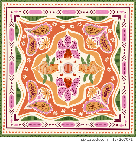 Tropical tile, scarf, square seamless pattern with jungle flower, leopard geometric ornament. Vector summer print Tropical tile, scarf, square seamless pattern with jungle flower, leopard geometric ornament. Vector summer print 134207071