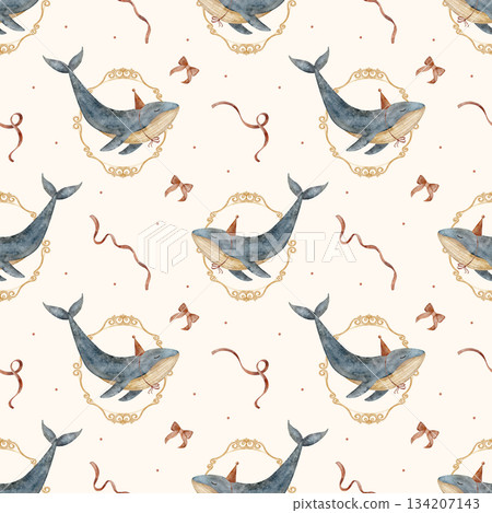 Blue whale pattern in vintage frame with red bow ribbon. Hand-drawn watercolor illustration fish in party hat in childish style. Seamless print on beige background for apparel and textile design Blue whale pattern in vintage frame with red bow ribbon. Hand-drawn watercolor illustration fish in party hat in childish style. Seamless print on beige background for apparel and textile design 134207143