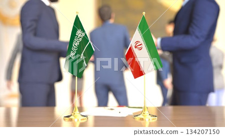 Saudi Arabia - Iran rapprochement meeting with flags, 3D rendering 134207150