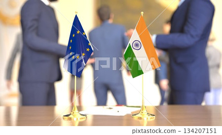 European Union and India trade discussion table, 3D rendering 134207151