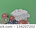 casino chips arranged on green table 134207202