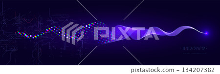 Digital Transformation Technology Halftone Wave Line Background, Data Science Ai Abstract Blue Flow Tech Pattern, Audio Sound Signal, Business Analytics Transform Process BG. Vector Illustration 134207382
