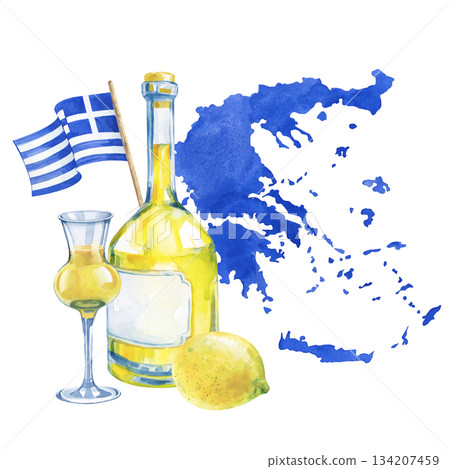 Watercolor composition with the outline of the country, the national flag and a lemon drink on an isolated background. A vivid illustration in yellow and blue colors typical of the culture of Greece 134207459