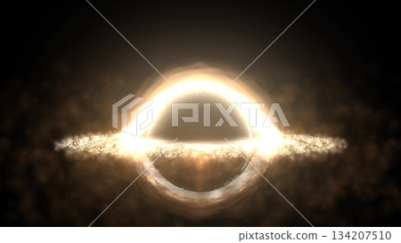 Bright black hole in open space with spinning energy particles, cosmic sphere in yellow color glowing abstract background 134207510