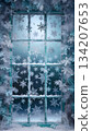 charming illustration with freezing huge mystical window  adorned intricate details, snowing snowflakes. Ai generated 134207653