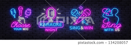 Set of glowing karaoke-themed signs with microphones, singers, and catchy phrases. Perfect for promoting fun music nights or vocal events. Set of glowing karaoke-themed signs with microphones, singers, and catchy phrases. Perfect for promoting fun music nights or vocal events. 134208057