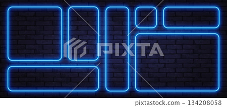 Blue neon frames with rounded corners glowing on a dark brick wall. Futuristic tech layout perfect for digital banners, UI design, or sci-fi backgrounds. Blue neon frames with rounded corners glowing on a dark brick wall. Futuristic tech layout perfect for digital banners, UI design, or sci-fi backgrounds. 134208058