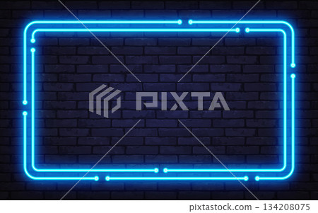 Glowing blue neon frame with circuit-style lines on a dark brick wall. Futuristic cyber design perfect for tech ads, banners, or digital themes. Glowing blue neon frame with circuit-style lines on a dark brick wall. Futuristic cyber design perfect for tech ads, banners, or digital themes. 134208075