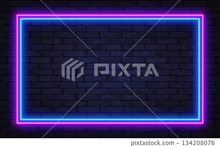 Double neon frame in pink and blue glowing on a dark brick wall. A bright retro-futuristic background ideal for ads, music visuals, or modern designs. Double neon frame in pink and blue glowing on a dark brick wall. A bright retro-futuristic background ideal for ads, music visuals, or modern designs. 134208076