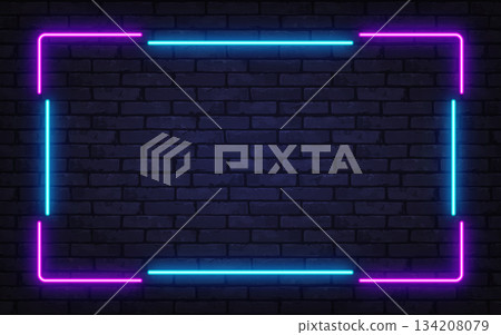 Stylish neon frame in blue and pink tones glowing on a dark brick wall. A modern retro-futuristic background perfect for nightlife ads or music posters. 134208079