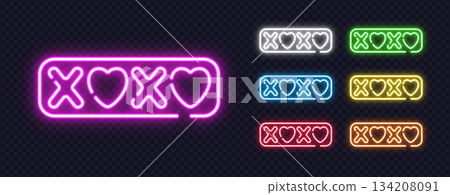 Neon illustration of XOXO with hearts in six glowing versions, perfect for love, greetings or Valentines design. Neon illustration of XOXO with hearts in six glowing versions, perfect for love, greetings or Valentines design. 134208091