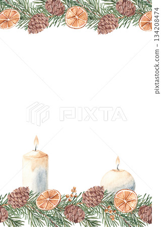 Winter, Christmas square vertical Frame, Border. Winter plants, dried orange slices and candles. Hand drawn Botanical cozy home illustration in Rustic style. Perfect as Card or Poster Template. Winter, Christmas square vertical Frame, Border. Winter plants, dried orange slices and candles. Hand drawn Botanical cozy home illustration in Rustic style. Perfect as Card or Poster Template. 134208474