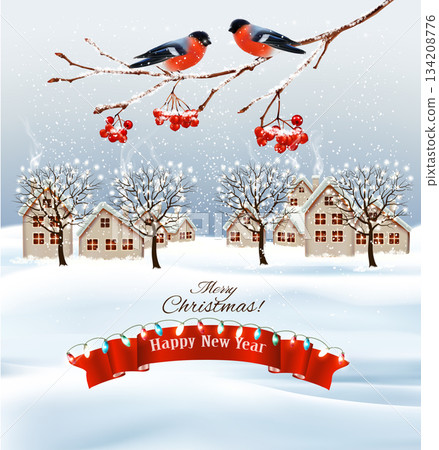 Holiday Christmas background with a winter village and  trees and red ribbon. Vector. 134208776