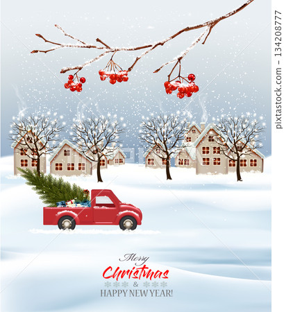 Holiday Christmas background with a winter village and  trees and red car. Vector. 134208777