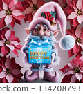stunning Christmas scene with cute gnome wearing in pink  holding gift box as Santa Claus around poinsettias. Ai generated. 134208793