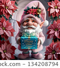 stunning Christmas scene with cute gnome wearing in pink  holding gift box as Santa Claus around poinsettias. Ai generated. 134208794