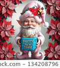 stunning Christmas scene with cute gnome wearing in pink  holding gift box as Santa Claus around poinsettias. Ai generated. 134208796