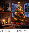 stunning stylish and cozy scene with fireplace and Christmas tree. Ai generated 134208798