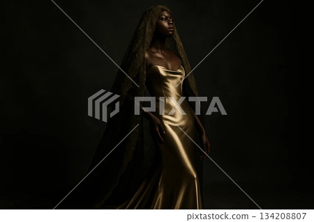 Dark-Skinned Woman in Golden Dress Dark-Skinned Woman in Golden Dress 134208807