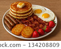 Breakfast Pancakes with Eggs and Berries 134208809