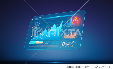 人工智慧金融預測全息儀錶板漂浮在藍紫色漸變背景上 134208824