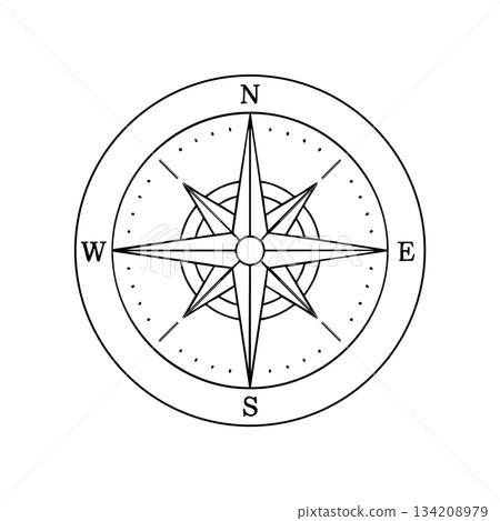 Minimal Black and White Compass Rose Line Design for Navigation and Direction Themes 134208979