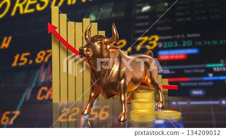Golden Bull Market Surge for Business concept 3d Render. Golden Bull Market Surge for Business concept 3d Render. 134209012