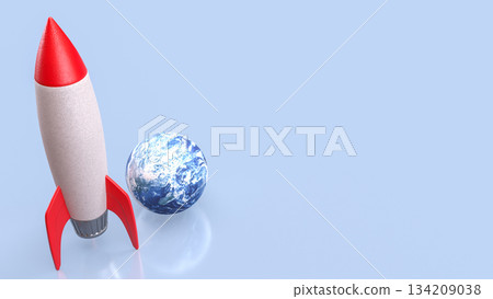 Colorful Rocket beside Earth Globe on Soft Blue Background 3d render. 134209038