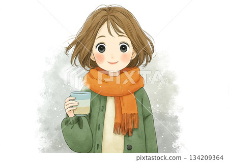 一幅繪本風格的插圖，描繪了一個女孩在冬天洗完手後享用熱飲的場景。 134209364