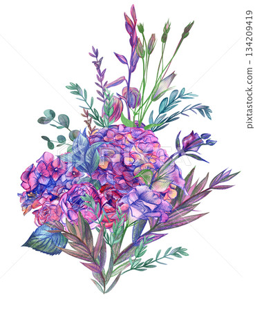 Hydrangeas and roses collected in a bouquet with various branches 134209419