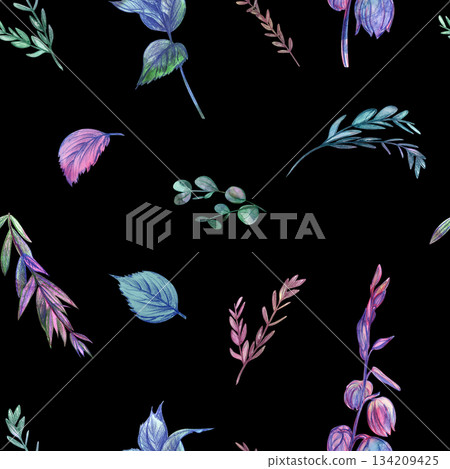 Seamless pattern with eucalyptus leaves and sprigs on a black background 134209425